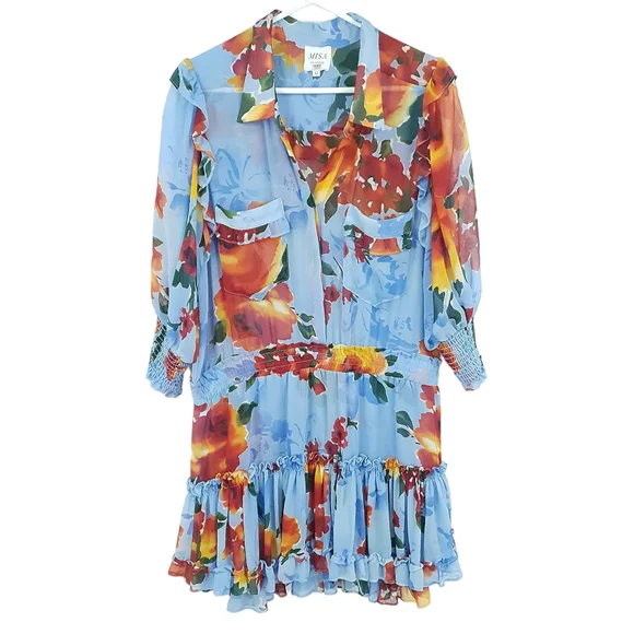 Misa Los Angeles Enya Floral Sheer Mini Dress Long Sleeve Orange & Blue Women XL - Picture 2 of 15